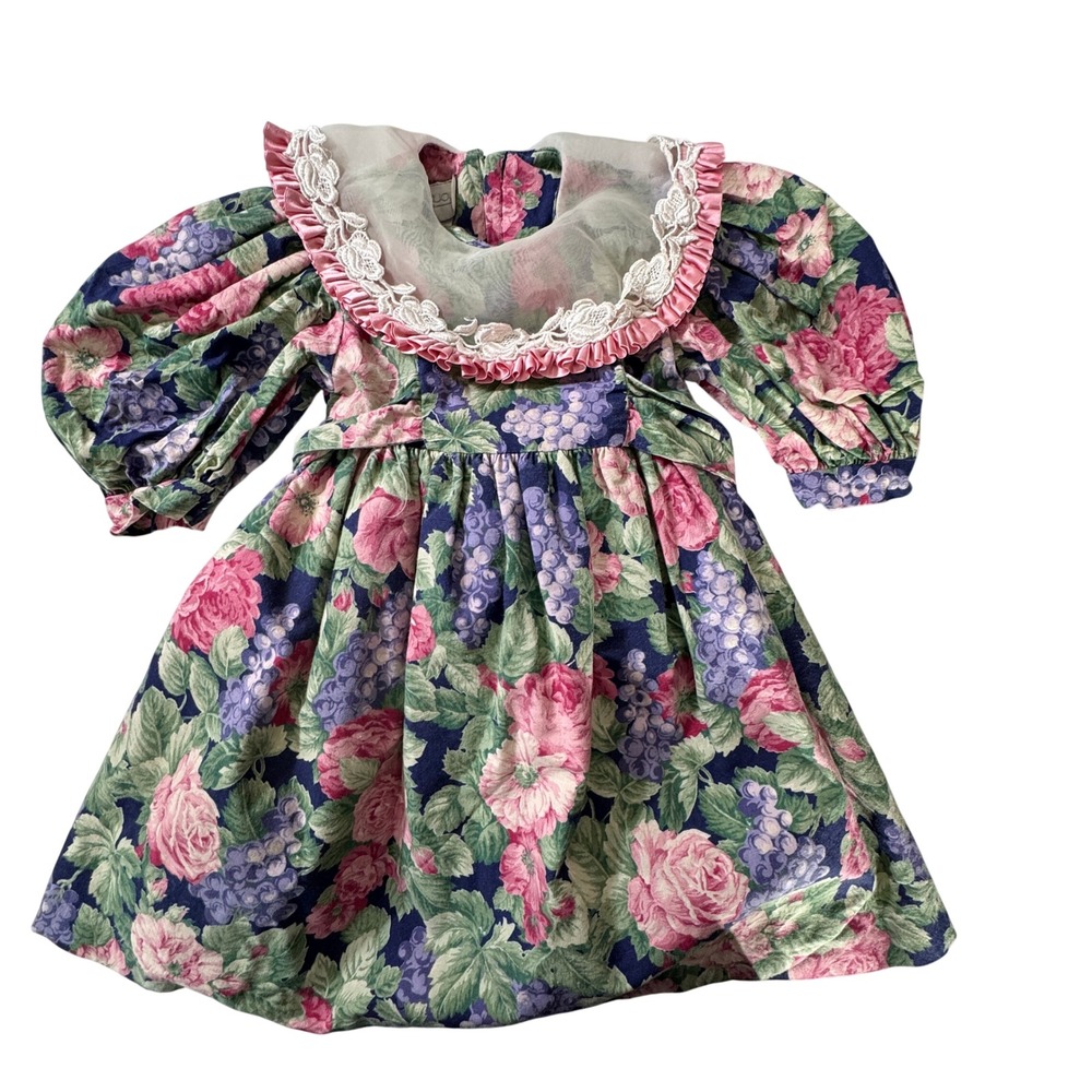 Anne Savoy Floral Dress Toddler Girl 2T Navy Blue Excellent Vintage Lace Ruffle